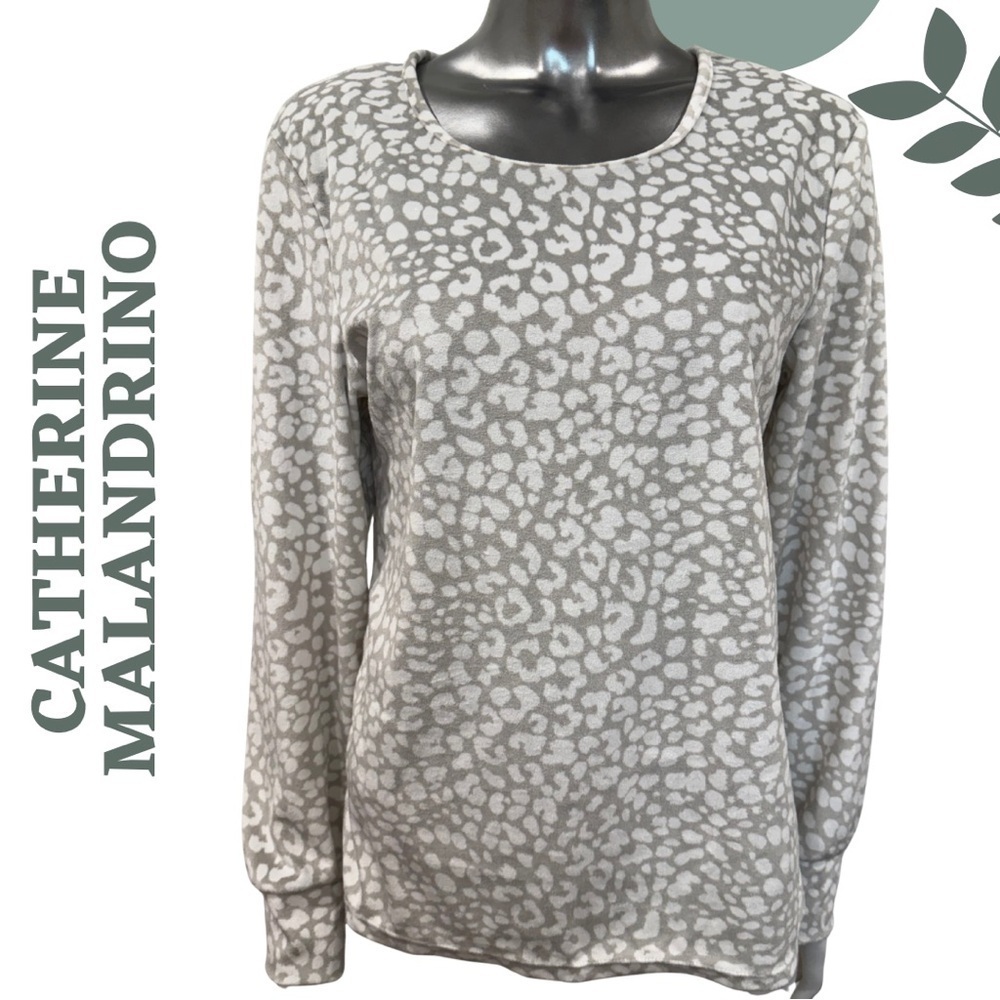 🛍️ Catherine Malandrino Animal-Print Long-Sleeve Top Gray/White Large L/G
